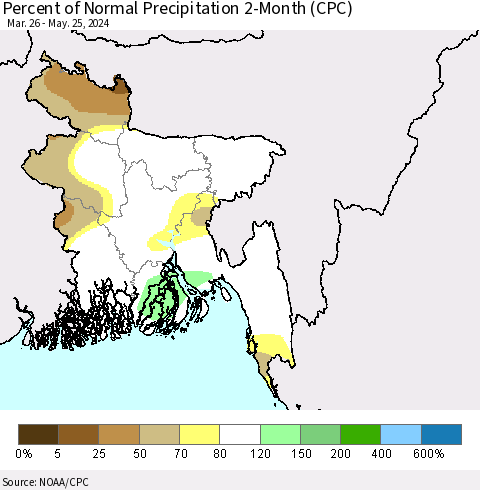 Bangladesh Percent of Normal Precipitation 2-Month (CPC) Thematic Map For 3/26/2024 - 5/25/2024