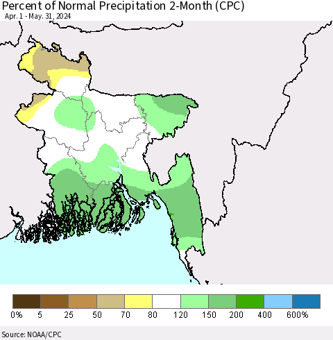 Bangladesh Percent of Normal Precipitation 2-Month (CPC) Thematic Map For 4/1/2024 - 5/31/2024