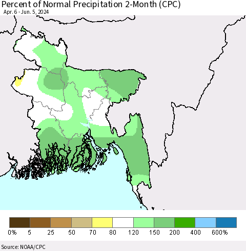 Bangladesh Percent of Normal Precipitation 2-Month (CPC) Thematic Map For 4/6/2024 - 6/5/2024