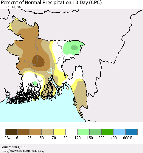 Bangladesh Percent of Normal Precipitation 10-Day (CPC) Thematic Map For 7/6/2021 - 7/15/2021