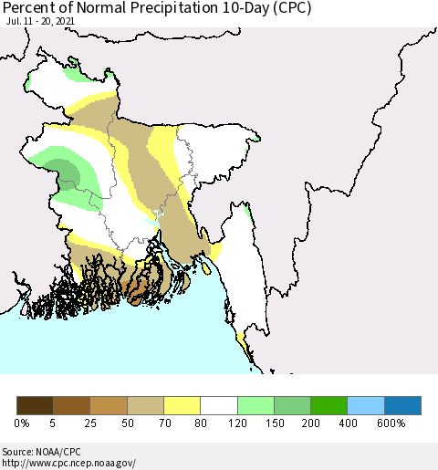 Bangladesh Percent of Normal Precipitation 10-Day (CPC) Thematic Map For 7/11/2021 - 7/20/2021