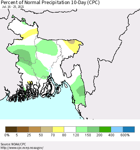 Bangladesh Percent of Normal Precipitation 10-Day (CPC) Thematic Map For 7/16/2021 - 7/25/2021