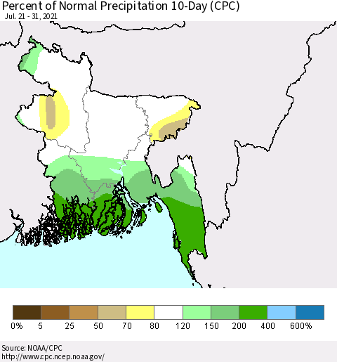 Bangladesh Percent of Normal Precipitation 10-Day (CPC) Thematic Map For 7/21/2021 - 7/31/2021