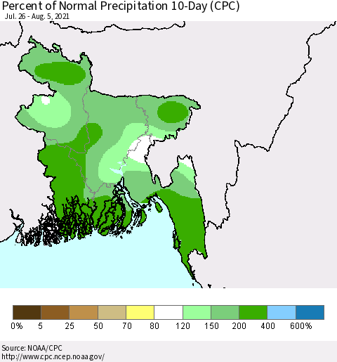 Bangladesh Percent of Normal Precipitation 10-Day (CPC) Thematic Map For 7/26/2021 - 8/5/2021