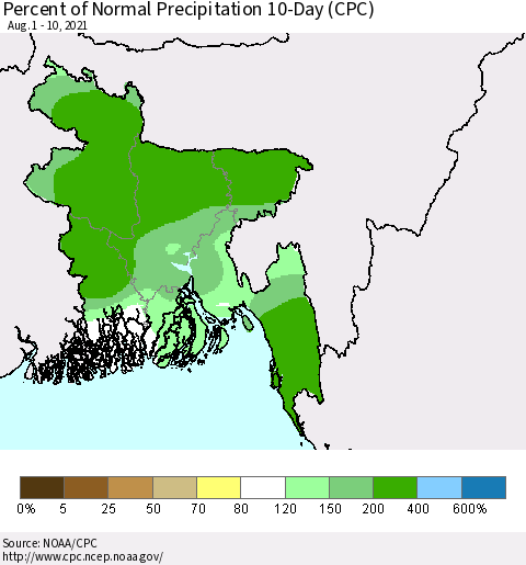 Bangladesh Percent of Normal Precipitation 10-Day (CPC) Thematic Map For 8/1/2021 - 8/10/2021