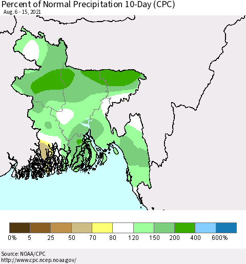 Bangladesh Percent of Normal Precipitation 10-Day (CPC) Thematic Map For 8/6/2021 - 8/15/2021