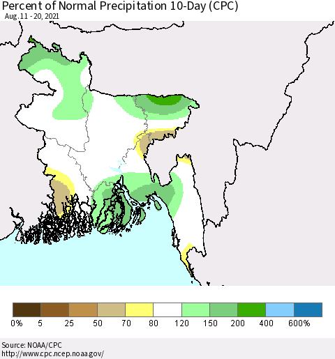 Bangladesh Percent of Normal Precipitation 10-Day (CPC) Thematic Map For 8/11/2021 - 8/20/2021