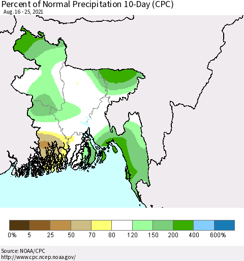 Bangladesh Percent of Normal Precipitation 10-Day (CPC) Thematic Map For 8/16/2021 - 8/25/2021