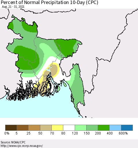 Bangladesh Percent of Normal Precipitation 10-Day (CPC) Thematic Map For 8/21/2021 - 8/31/2021
