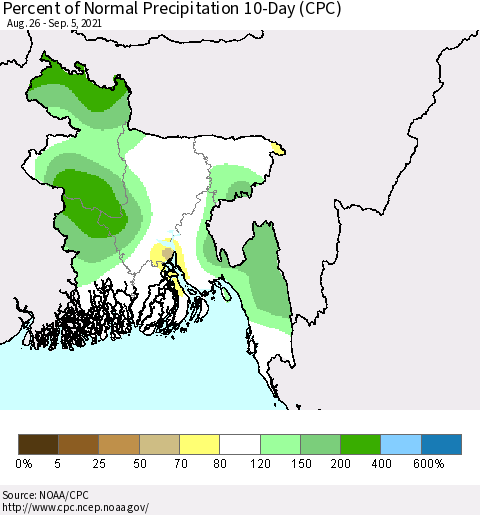 Bangladesh Percent of Normal Precipitation 10-Day (CPC) Thematic Map For 8/26/2021 - 9/5/2021