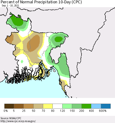 Bangladesh Percent of Normal Precipitation 10-Day (CPC) Thematic Map For 9/1/2021 - 9/10/2021