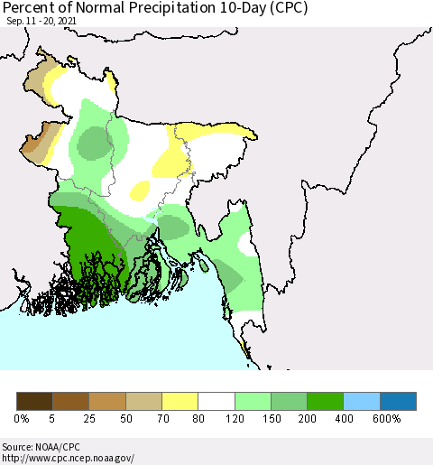 Bangladesh Percent of Normal Precipitation 10-Day (CPC) Thematic Map For 9/11/2021 - 9/20/2021