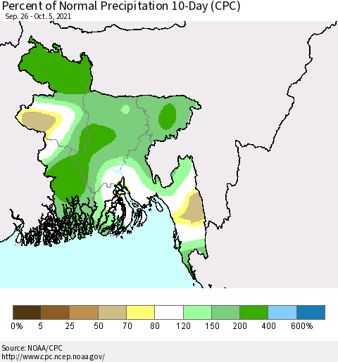 Bangladesh Percent of Normal Precipitation 10-Day (CPC) Thematic Map For 9/26/2021 - 10/5/2021