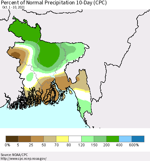 Bangladesh Percent of Normal Precipitation 10-Day (CPC) Thematic Map For 10/1/2021 - 10/10/2021