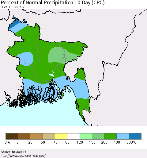 Bangladesh Percent of Normal Precipitation 10-Day (CPC) Thematic Map For 10/11/2021 - 10/20/2021