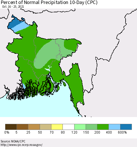 Bangladesh Percent of Normal Precipitation 10-Day (CPC) Thematic Map For 10/16/2021 - 10/25/2021