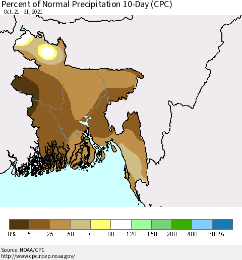 Bangladesh Percent of Normal Precipitation 10-Day (CPC) Thematic Map For 10/21/2021 - 10/31/2021