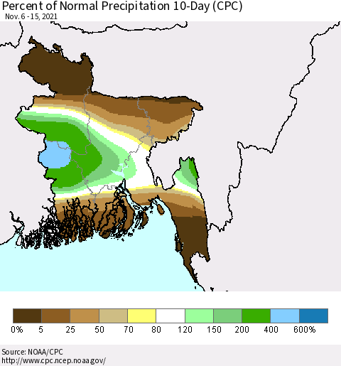 Bangladesh Percent of Normal Precipitation 10-Day (CPC) Thematic Map For 11/6/2021 - 11/15/2021