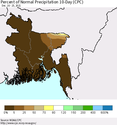 Bangladesh Percent of Normal Precipitation 10-Day (CPC) Thematic Map For 12/16/2021 - 12/25/2021