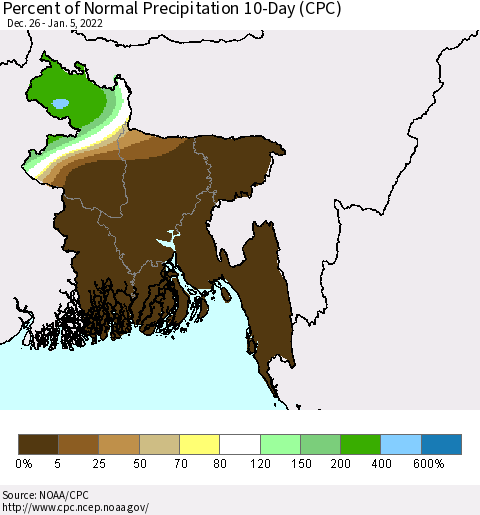Bangladesh Percent of Normal Precipitation 10-Day (CPC) Thematic Map For 12/26/2021 - 1/5/2022