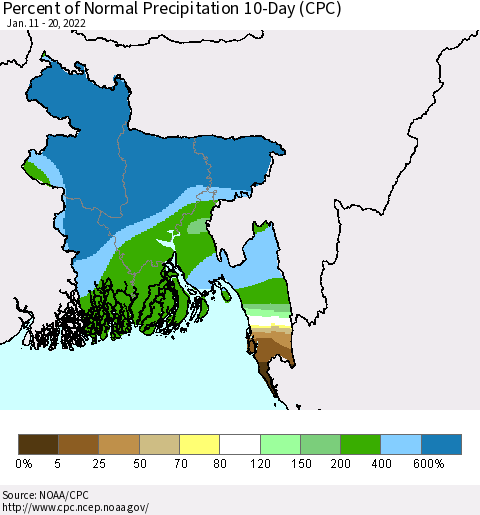 Bangladesh Percent of Normal Precipitation 10-Day (CPC) Thematic Map For 1/11/2022 - 1/20/2022