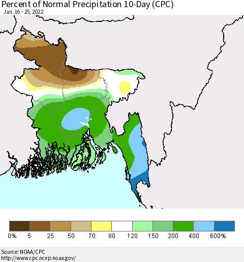 Bangladesh Percent of Normal Precipitation 10-Day (CPC) Thematic Map For 1/16/2022 - 1/25/2022