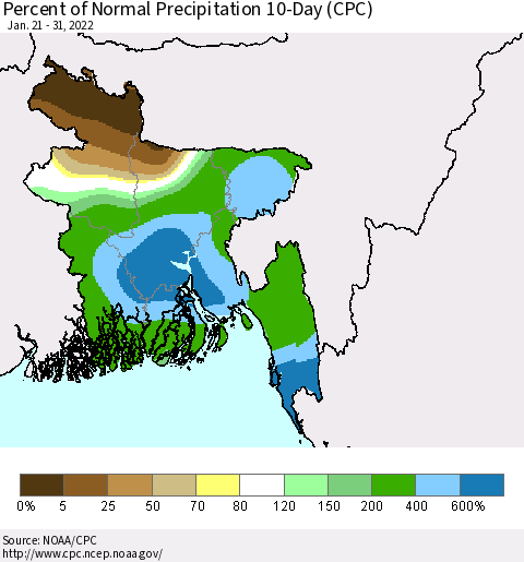 Bangladesh Percent of Normal Precipitation 10-Day (CPC) Thematic Map For 1/21/2022 - 1/31/2022
