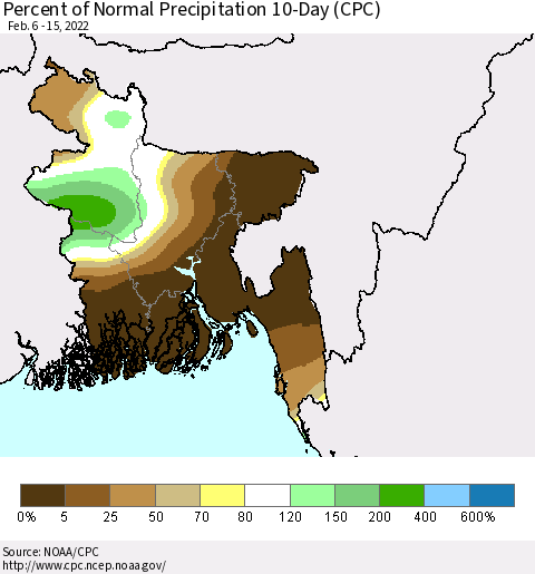Bangladesh Percent of Normal Precipitation 10-Day (CPC) Thematic Map For 2/6/2022 - 2/15/2022