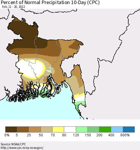 Bangladesh Percent of Normal Precipitation 10-Day (CPC) Thematic Map For 2/11/2022 - 2/20/2022