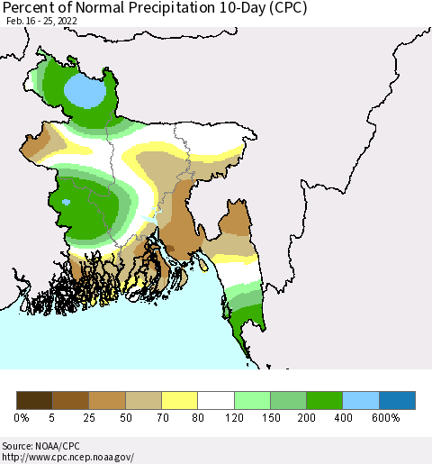 Bangladesh Percent of Normal Precipitation 10-Day (CPC) Thematic Map For 2/16/2022 - 2/25/2022