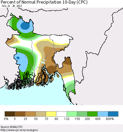 Bangladesh Percent of Normal Precipitation 10-Day (CPC) Thematic Map For 2/21/2022 - 2/28/2022