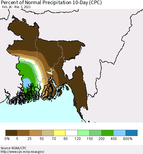 Bangladesh Percent of Normal Precipitation 10-Day (CPC) Thematic Map For 2/26/2022 - 3/5/2022