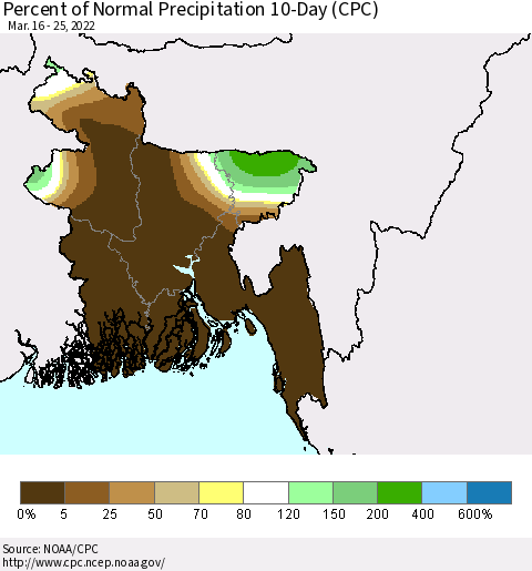 Bangladesh Percent of Normal Precipitation 10-Day (CPC) Thematic Map For 3/16/2022 - 3/25/2022