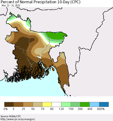 Bangladesh Percent of Normal Precipitation 10-Day (CPC) Thematic Map For 3/21/2022 - 3/31/2022