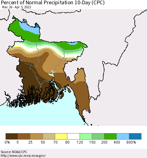 Bangladesh Percent of Normal Precipitation 10-Day (CPC) Thematic Map For 3/26/2022 - 4/5/2022