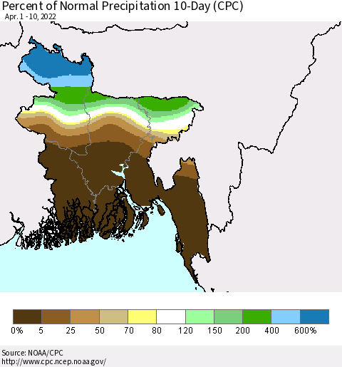 Bangladesh Percent of Normal Precipitation 10-Day (CPC) Thematic Map For 4/1/2022 - 4/10/2022