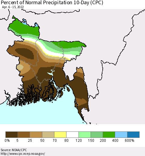 Bangladesh Percent of Normal Precipitation 10-Day (CPC) Thematic Map For 4/6/2022 - 4/15/2022