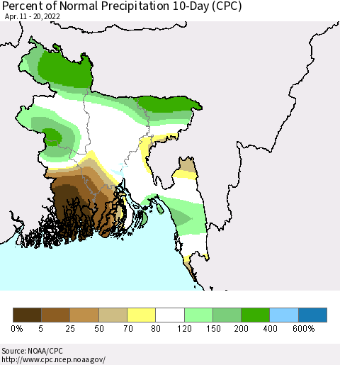 Bangladesh Percent of Normal Precipitation 10-Day (CPC) Thematic Map For 4/11/2022 - 4/20/2022