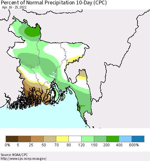 Bangladesh Percent of Normal Precipitation 10-Day (CPC) Thematic Map For 4/16/2022 - 4/25/2022