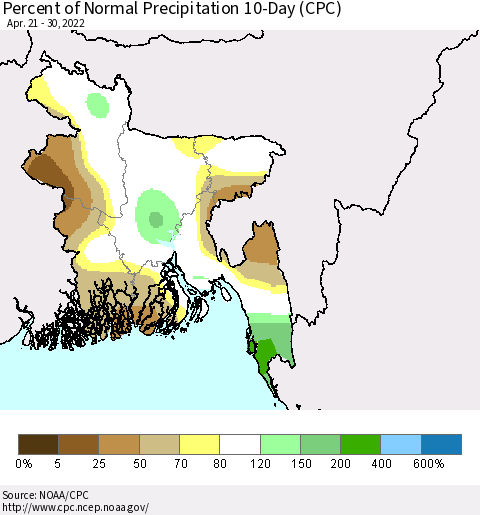 Bangladesh Percent of Normal Precipitation 10-Day (CPC) Thematic Map For 4/21/2022 - 4/30/2022