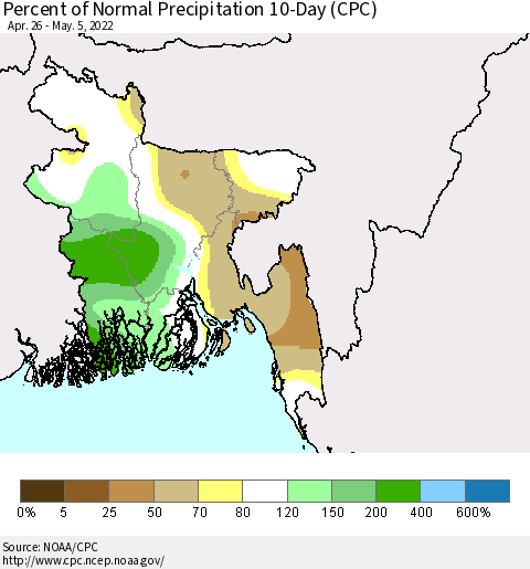 Bangladesh Percent of Normal Precipitation 10-Day (CPC) Thematic Map For 4/26/2022 - 5/5/2022
