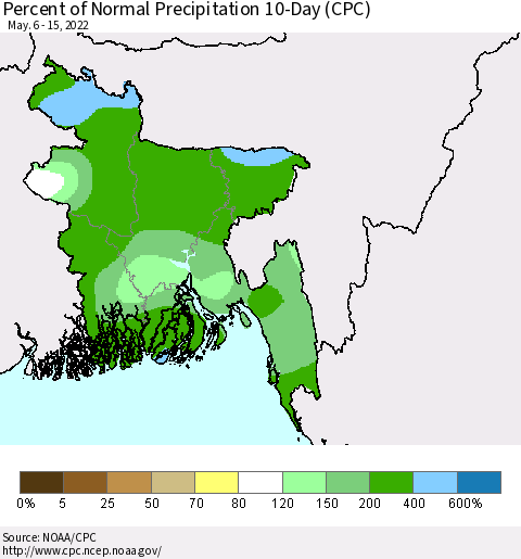 Bangladesh Percent of Normal Precipitation 10-Day (CPC) Thematic Map For 5/6/2022 - 5/15/2022