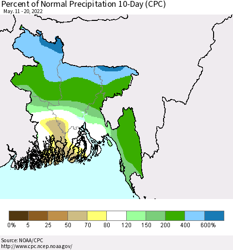 Bangladesh Percent of Normal Precipitation 10-Day (CPC) Thematic Map For 5/11/2022 - 5/20/2022
