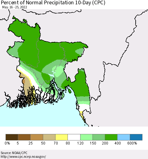 Bangladesh Percent of Normal Precipitation 10-Day (CPC) Thematic Map For 5/16/2022 - 5/25/2022