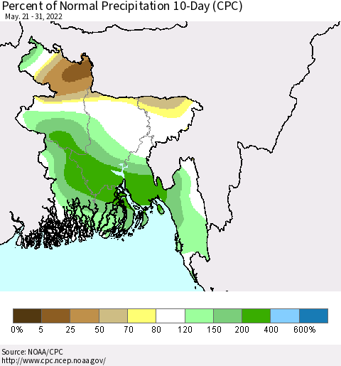 Bangladesh Percent of Normal Precipitation 10-Day (CPC) Thematic Map For 5/21/2022 - 5/31/2022