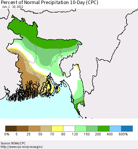 Bangladesh Percent of Normal Precipitation 10-Day (CPC) Thematic Map For 6/1/2022 - 6/10/2022