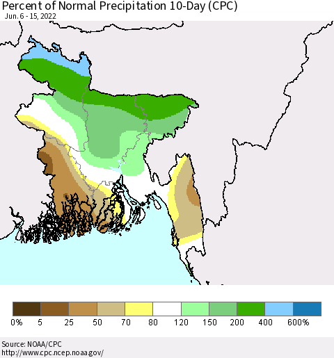 Bangladesh Percent of Normal Precipitation 10-Day (CPC) Thematic Map For 6/6/2022 - 6/15/2022