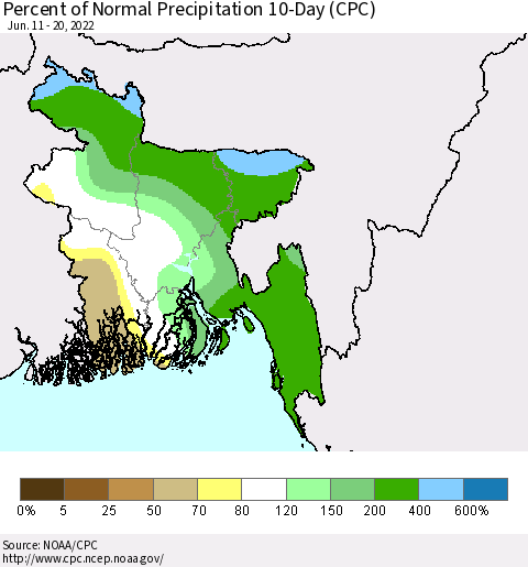Bangladesh Percent of Normal Precipitation 10-Day (CPC) Thematic Map For 6/11/2022 - 6/20/2022
