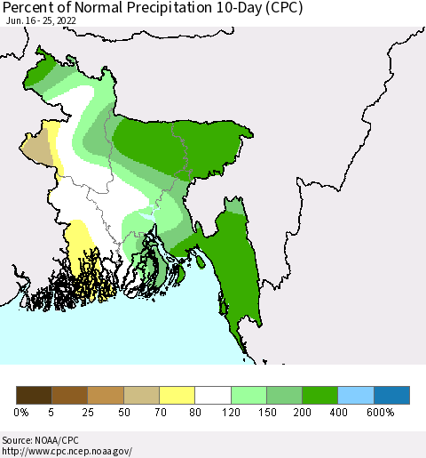 Bangladesh Percent of Normal Precipitation 10-Day (CPC) Thematic Map For 6/16/2022 - 6/25/2022
