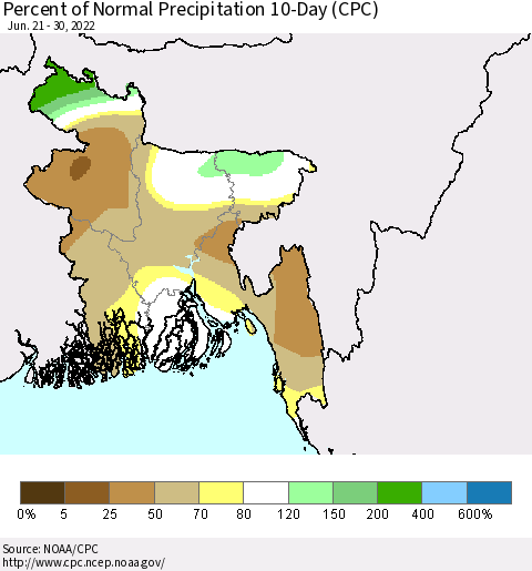 Bangladesh Percent of Normal Precipitation 10-Day (CPC) Thematic Map For 6/21/2022 - 6/30/2022
